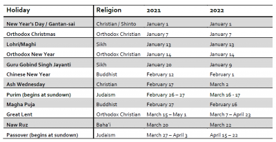 religious calendar